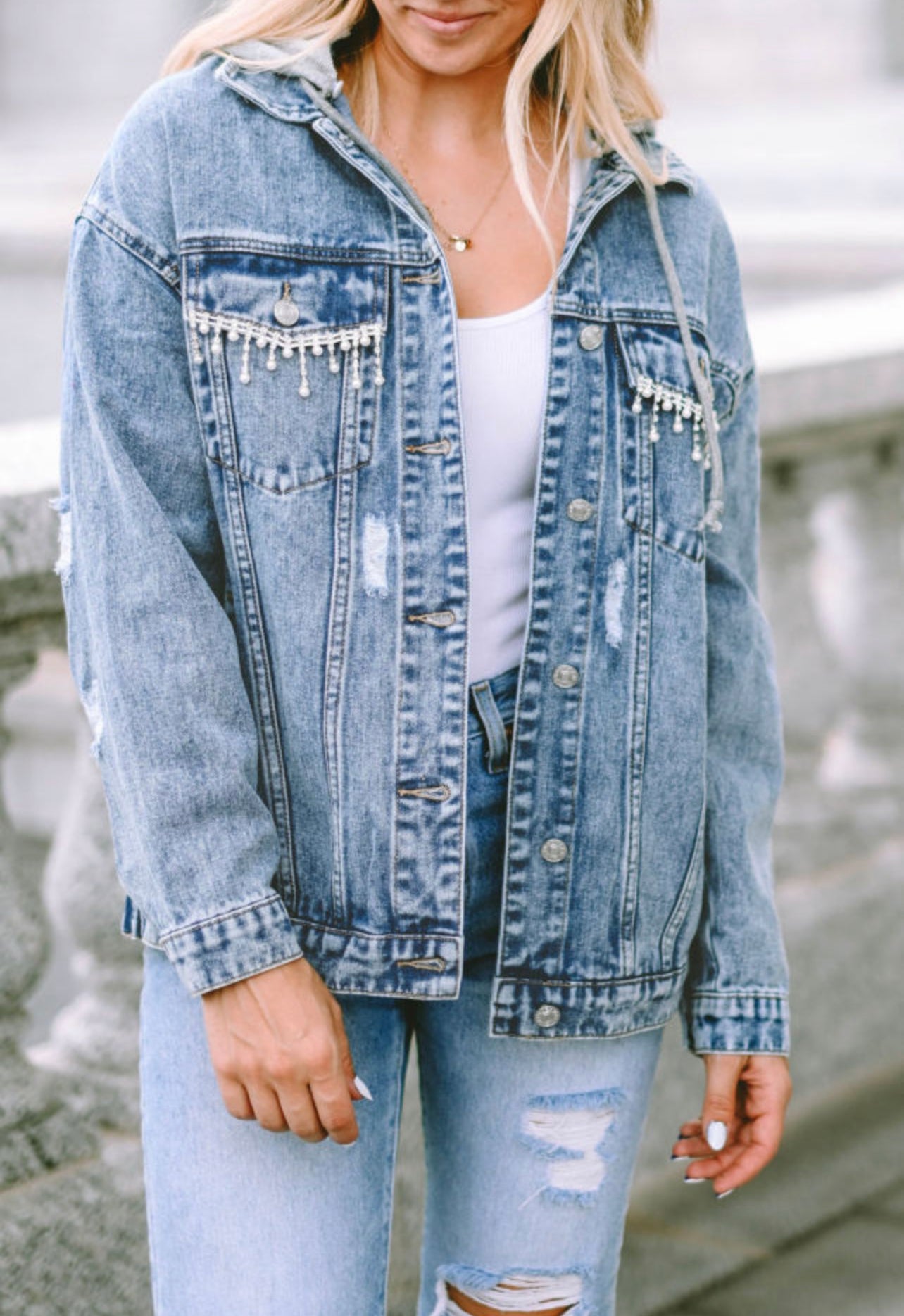 Sky Blue Rhinestone Fringed Pocket
Buttoned Hooded Denim Jacket