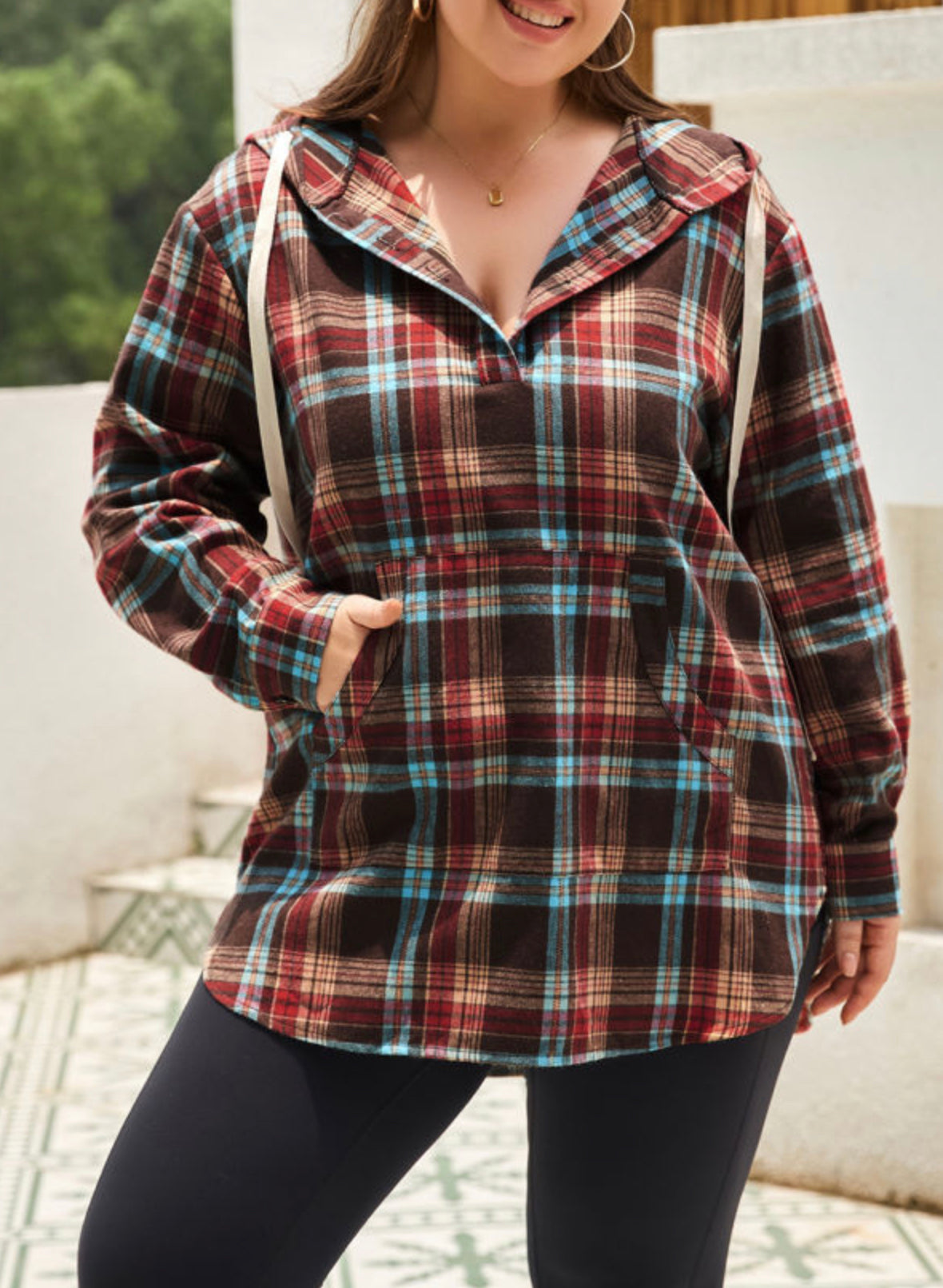 Curvy  Plaid Kangaroo Pocket Drawstring Hoodie