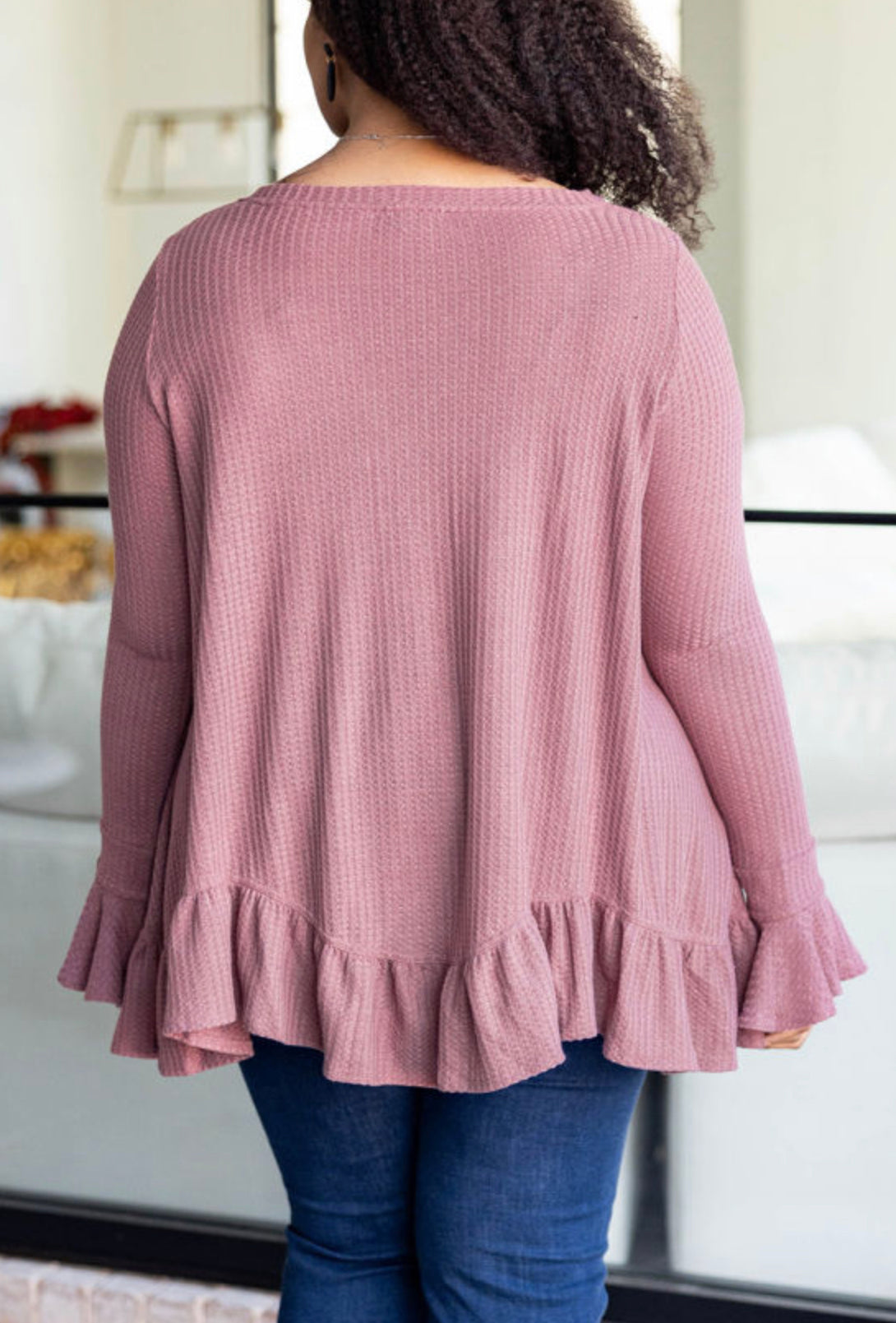 Curvy Pink Ruffled Waffle Knit Babydoll Top