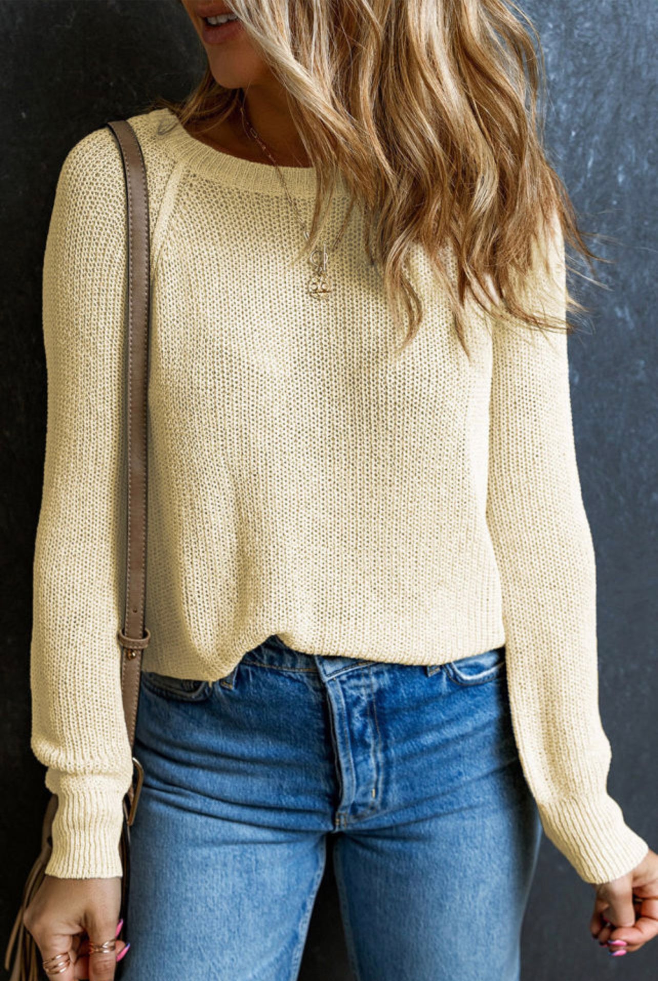 Apricot Raglan Sleeve Crewneck Casual Sweater