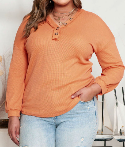 Orange Buttoned V Neck Waffle Knit Plus Size