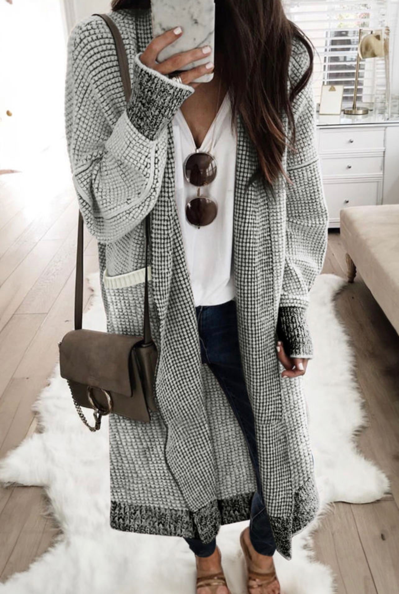 Gray Textured Knit Pocketed Duster