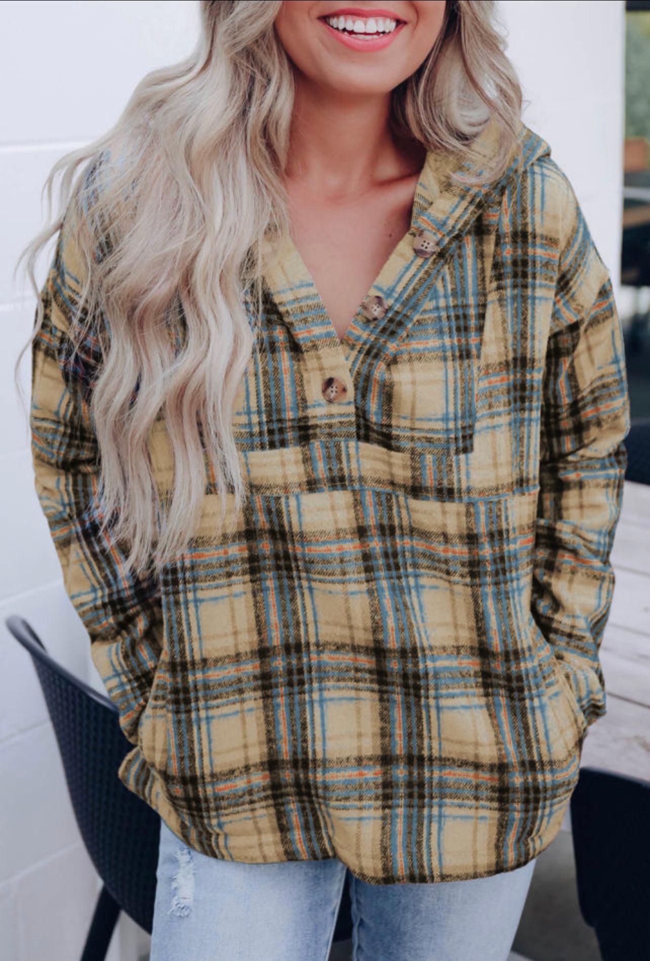 Plaid Button Neck Pocketed Pullover