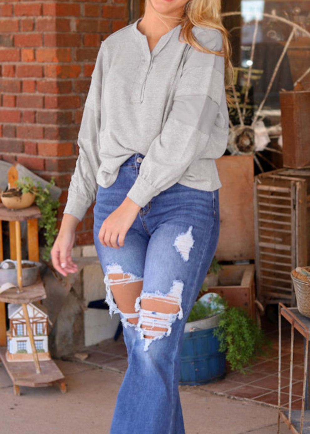 Grey Waffle Patchwork Dolman Sleeve Henley Top