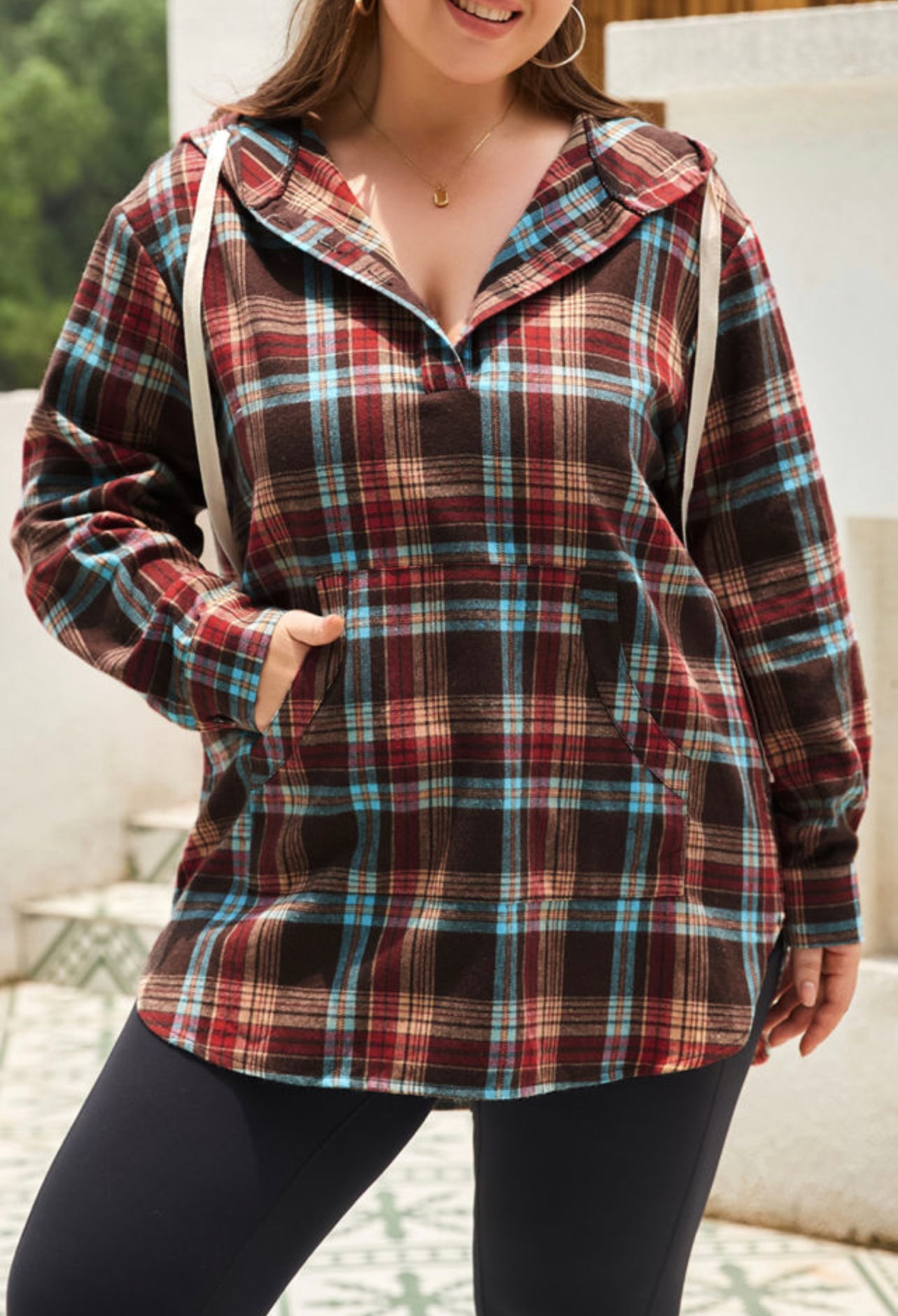 Curvy  Plaid Kangaroo Pocket Drawstring Hoodie