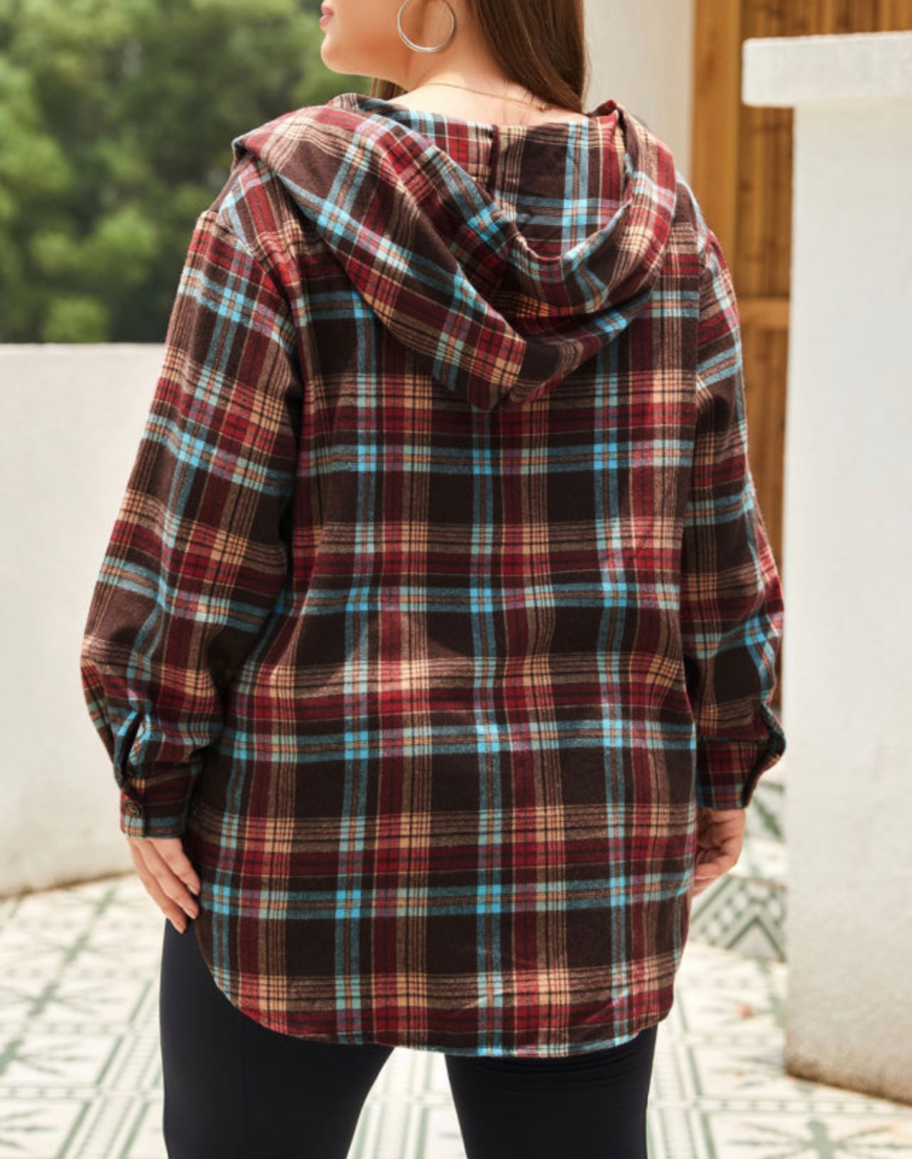 Curvy  Plaid Kangaroo Pocket Drawstring Hoodie