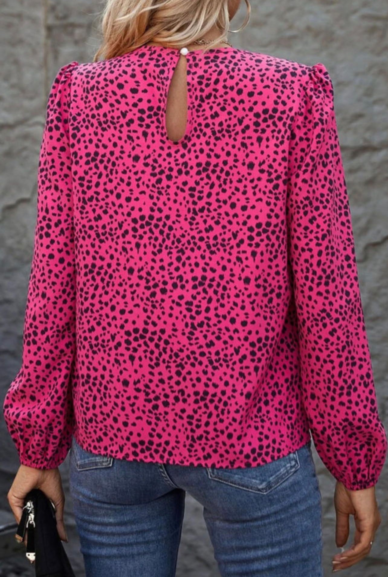 Rose Leopard Print Pleated Blouse with Keyhole