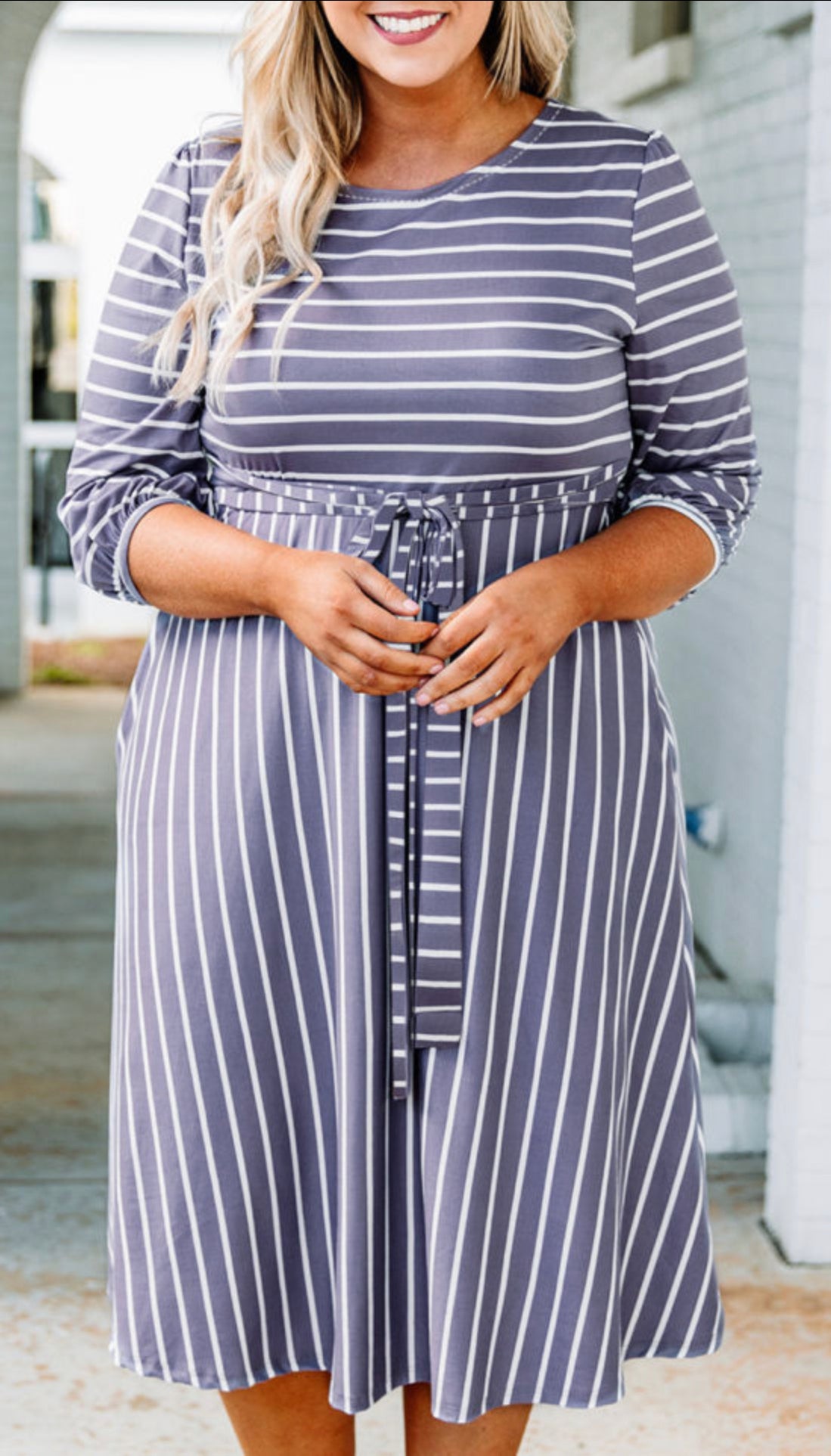 Curvy Gray Striped Tie Waist 3/4 Sleeve