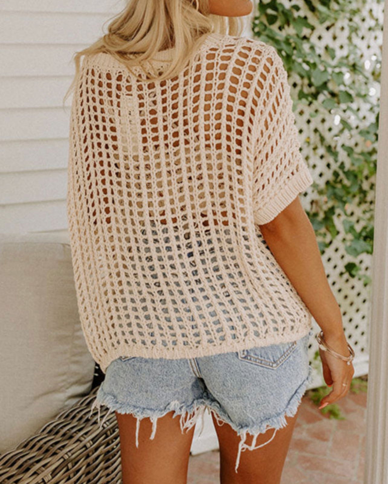 Apricot Fishnet Knit Ribbed Round Neck Short
Sleeve Sweater Tee