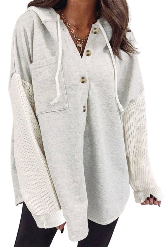 Gray Button Up Contrast Knitted Sleeves Hooded Jacket