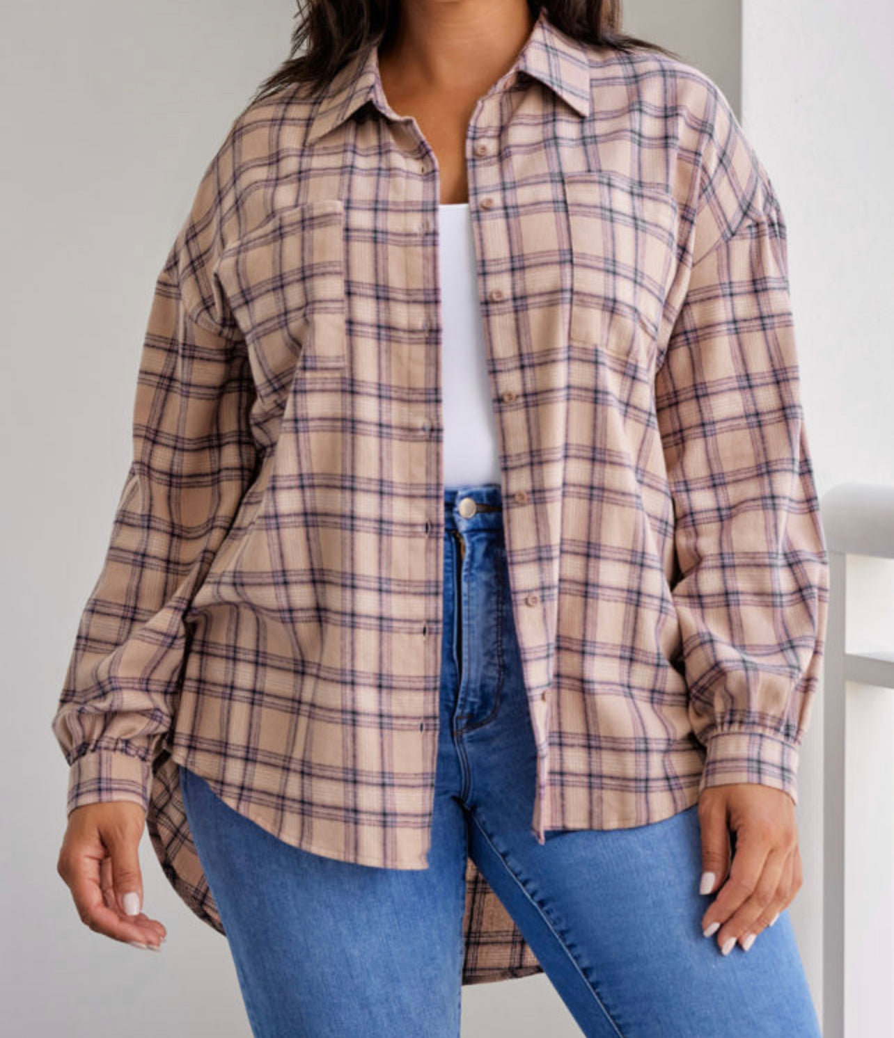 Curvy Pink Plaid Print Buttoned Oversized Tunic Shirt