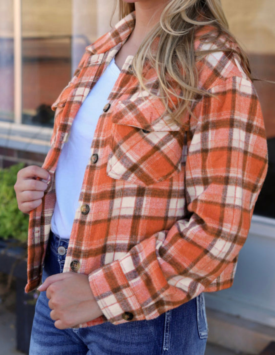 Crop Orange Plaid Button-Up Flap Pocket shacket