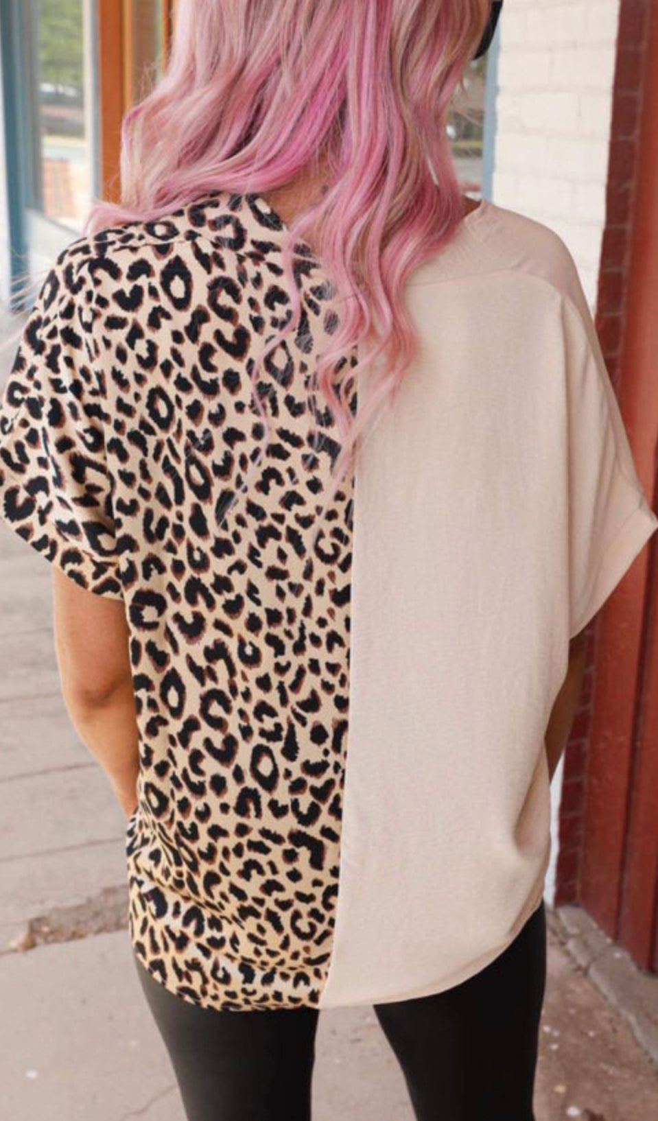 Khaki Contrast Leopard Color Block Blouse