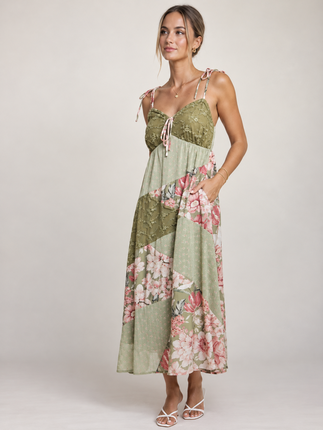 Floral & Lace Patchwork Tie Strap Maxi Dress