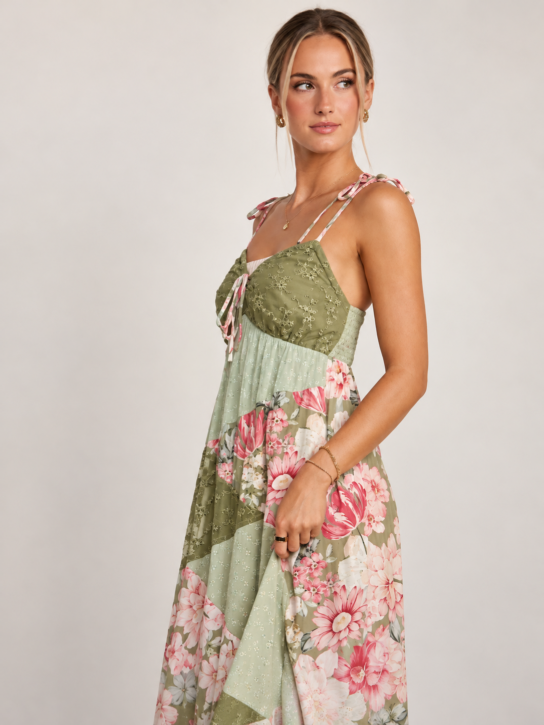 Floral & Lace Patchwork Tie Strap Maxi Dress