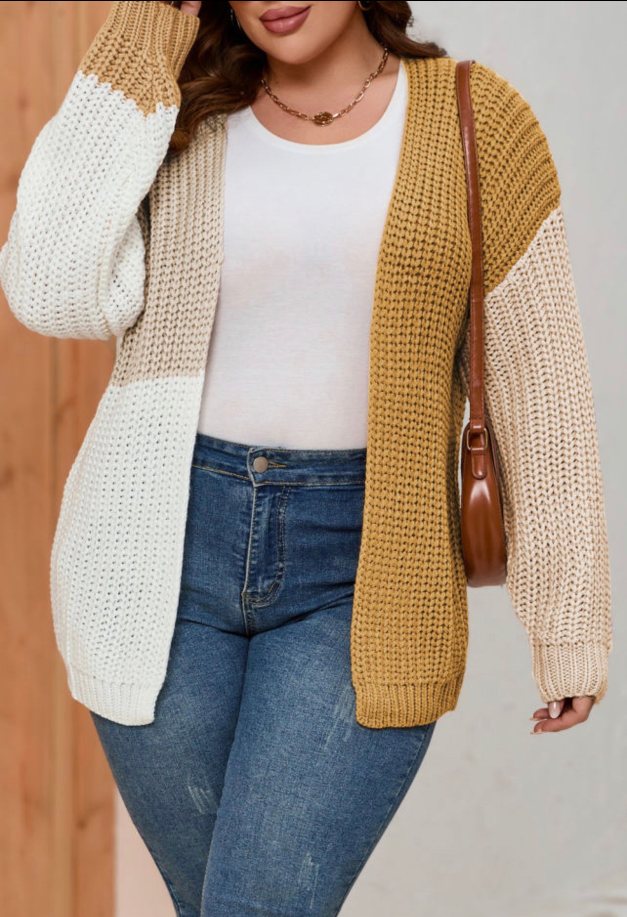 Curvy Color Block Knitted Open Front Cardigan