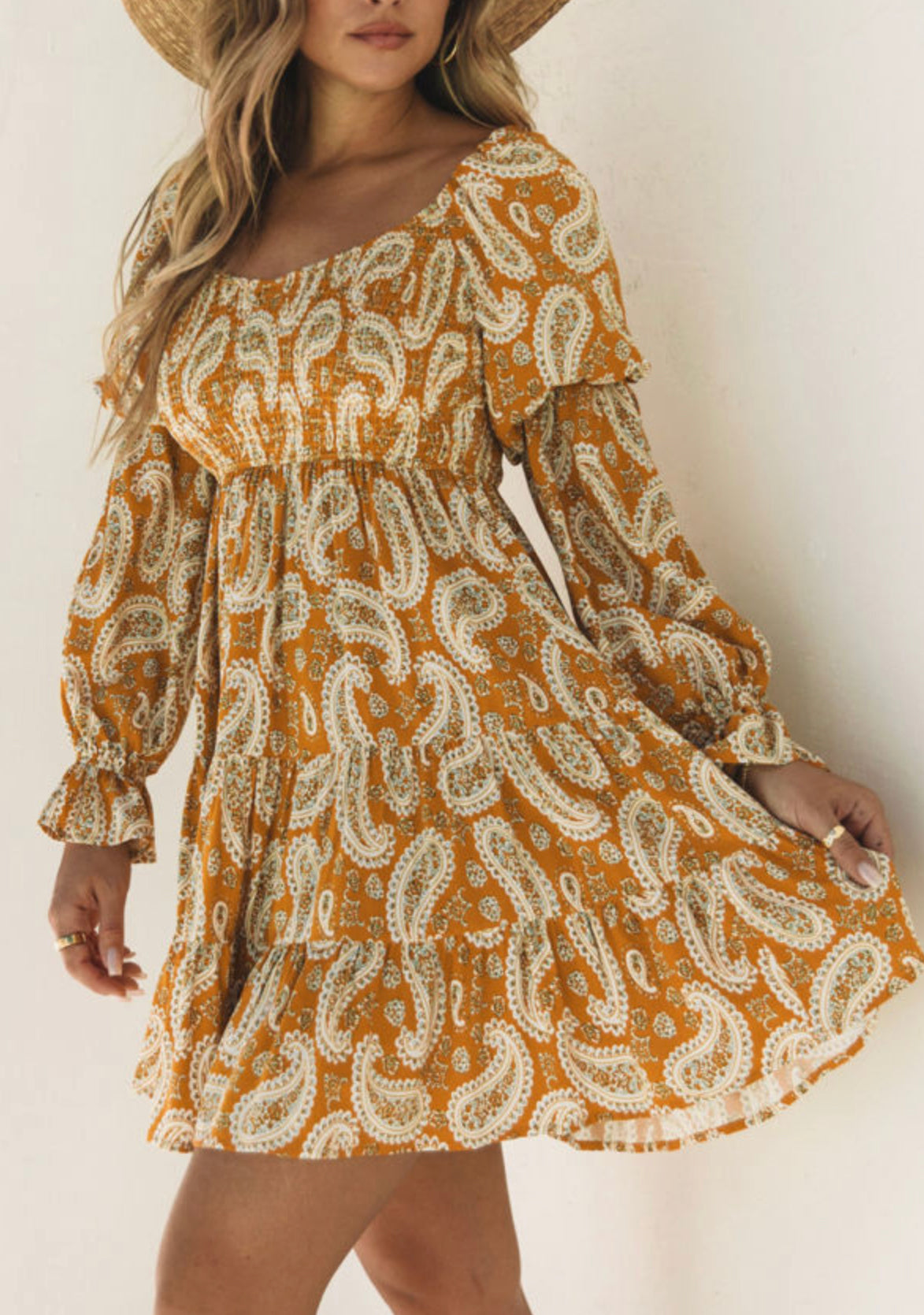 Yellow Boho Paisley Long Sleeve Floral Dress