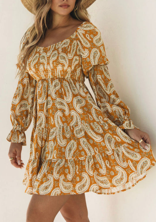 Yellow Boho Paisley Long Sleeve Floral Dress