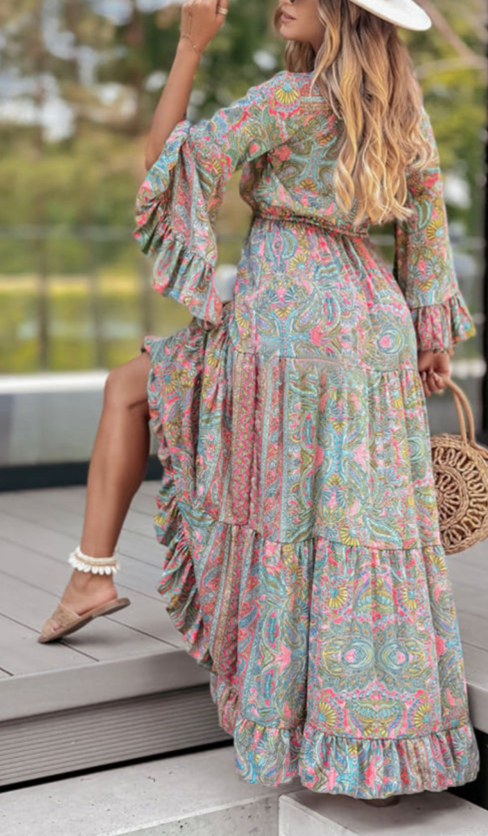 Green Paisley Printed Ruffle Trim Elegant Maxi Dress