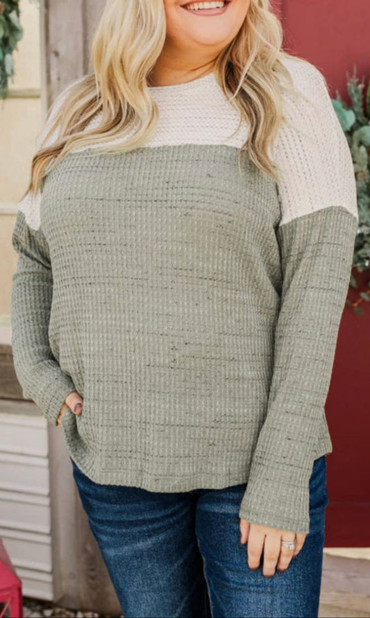 Curvy Green Colorblock Knit Long Sleeve Top