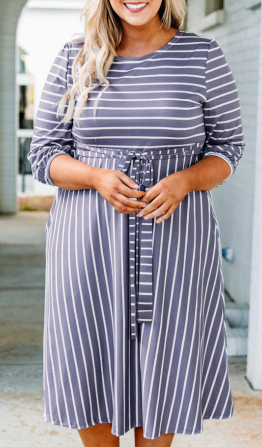 Curvy Gray Striped Tie Waist 3/4 Sleeve