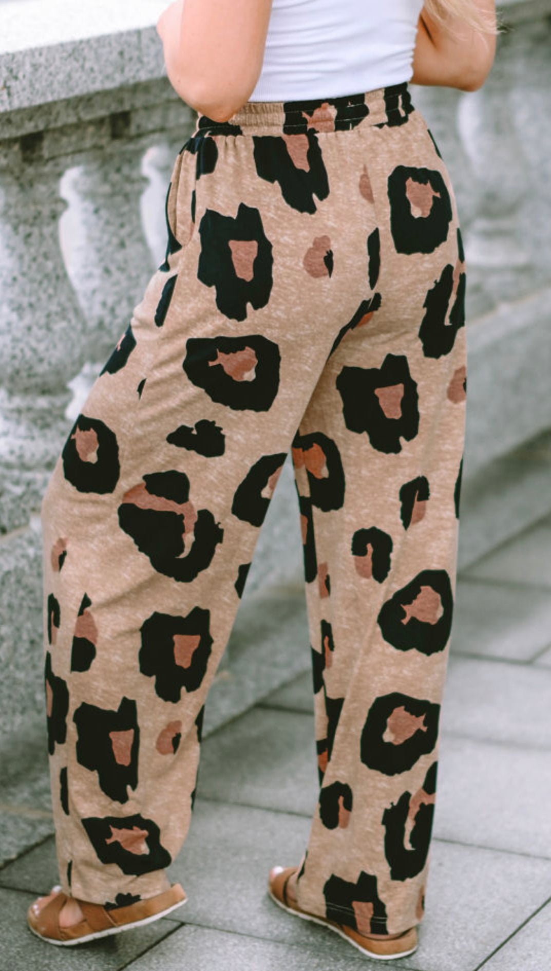 Leopard Drawstring Wide Leg Casual Pants