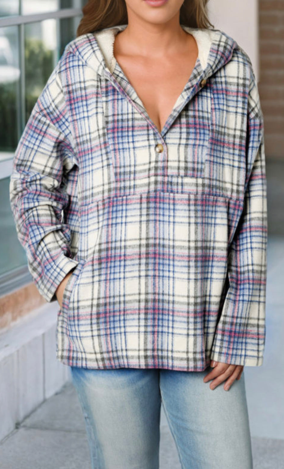 Plaid Button Neck Pocketed Pullover