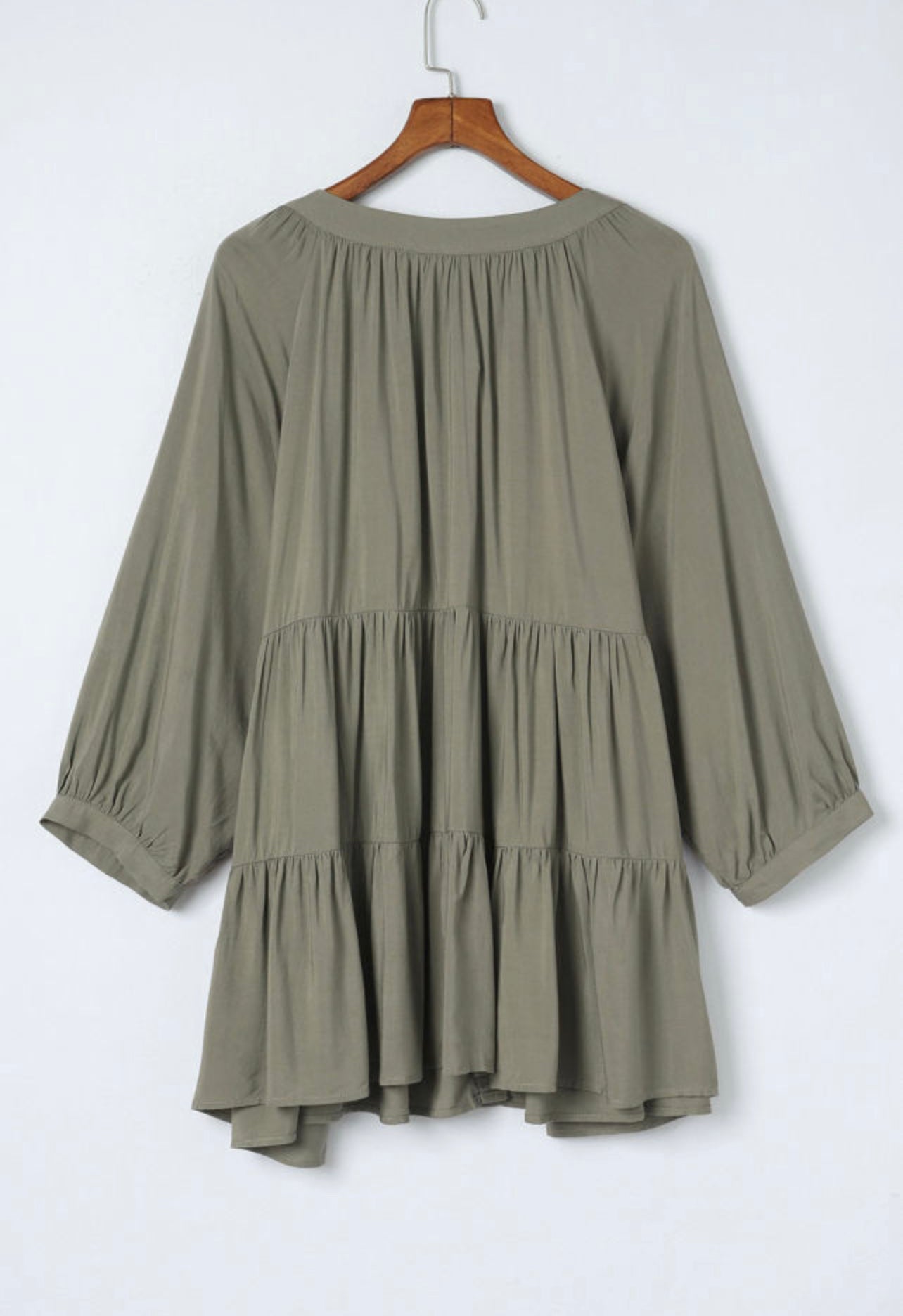 Curvy Green Ruffle Tiered Split Neck Shirt