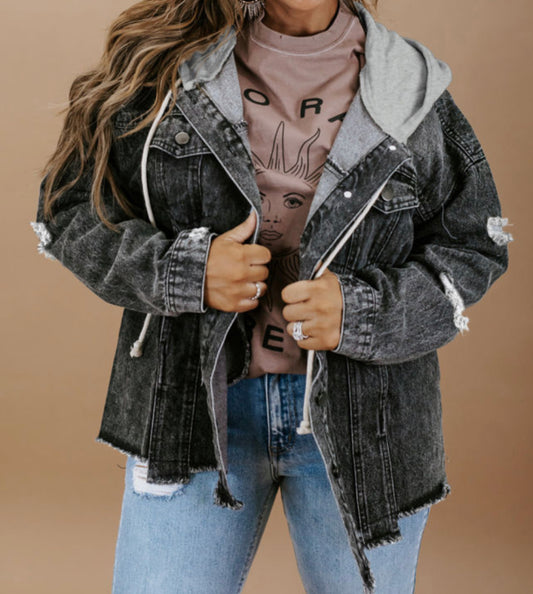 Black Drawstring Hooded Frayed
Denim Jacket