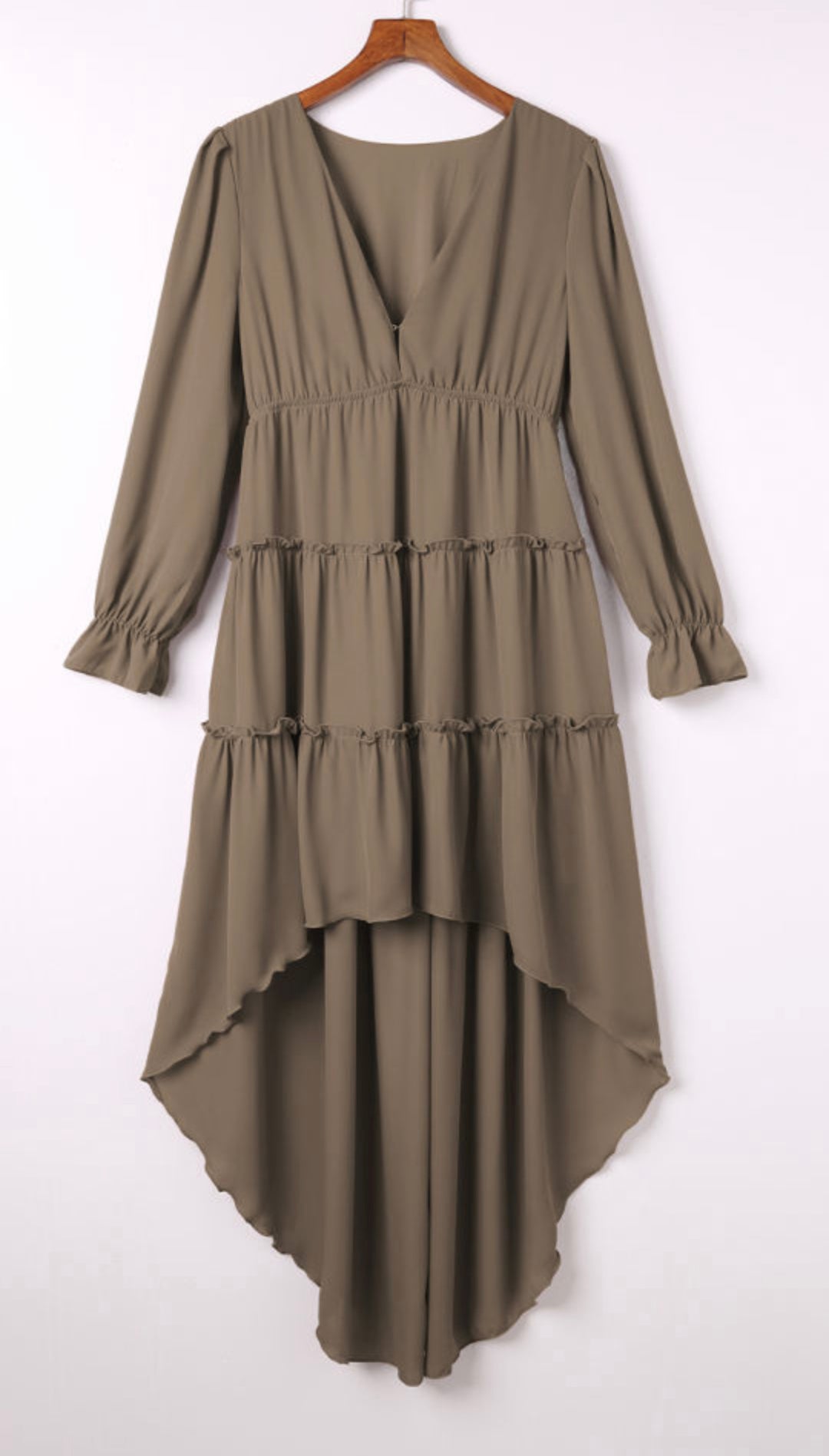 Khaki Tiered Ruffled High Low Long Sleeve Dress