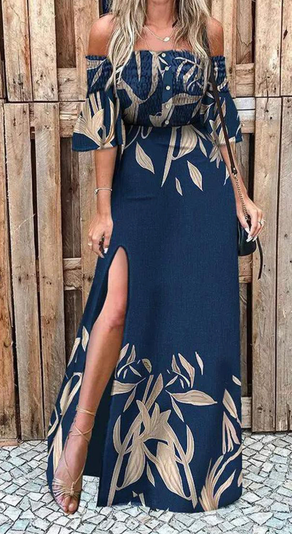 OFF SHOULDER SHIRRED LEAF PRINT HIGH SLIT DRESS