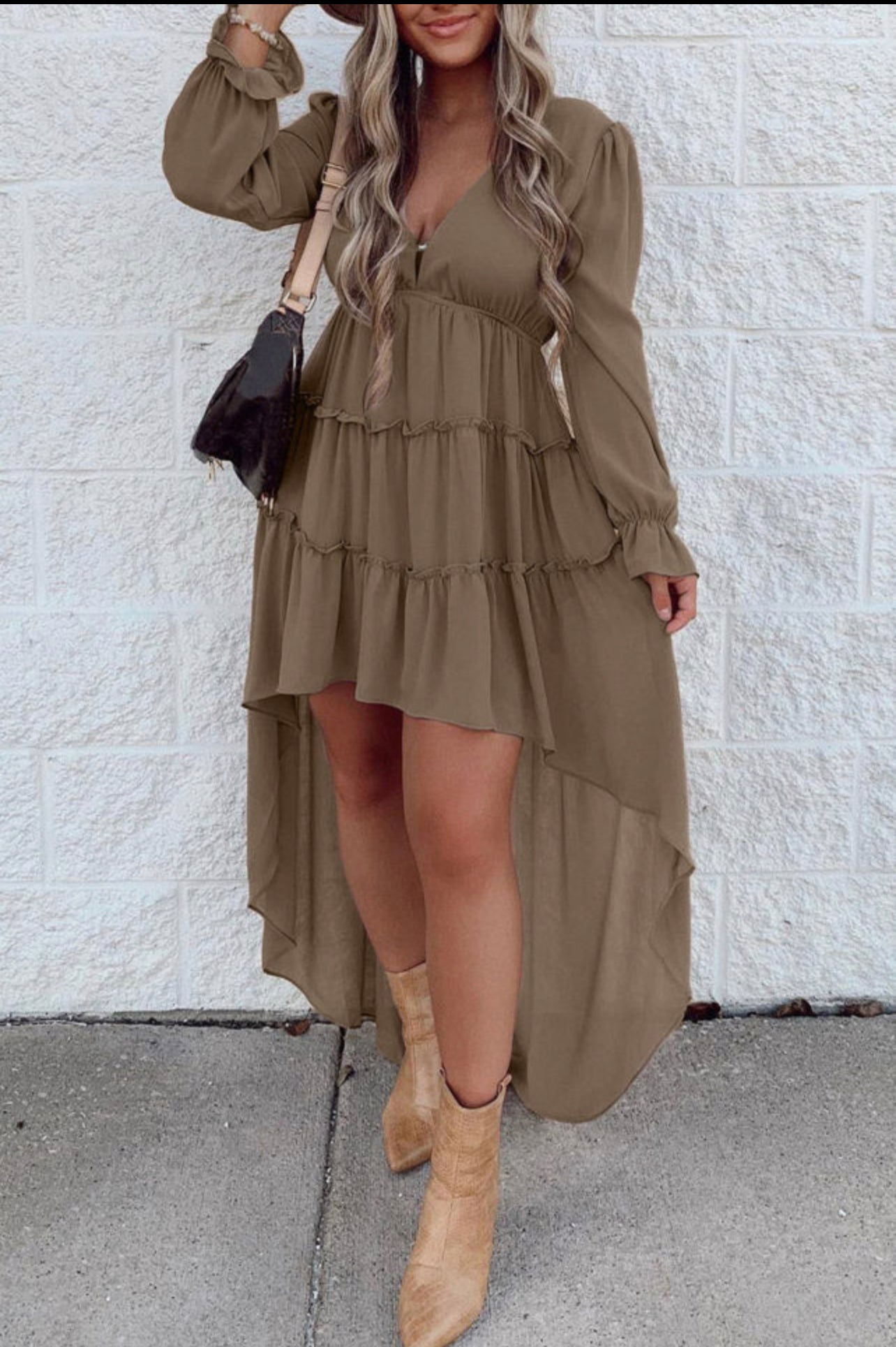 Khaki Tiered Ruffled High Low Long Sleeve Dress