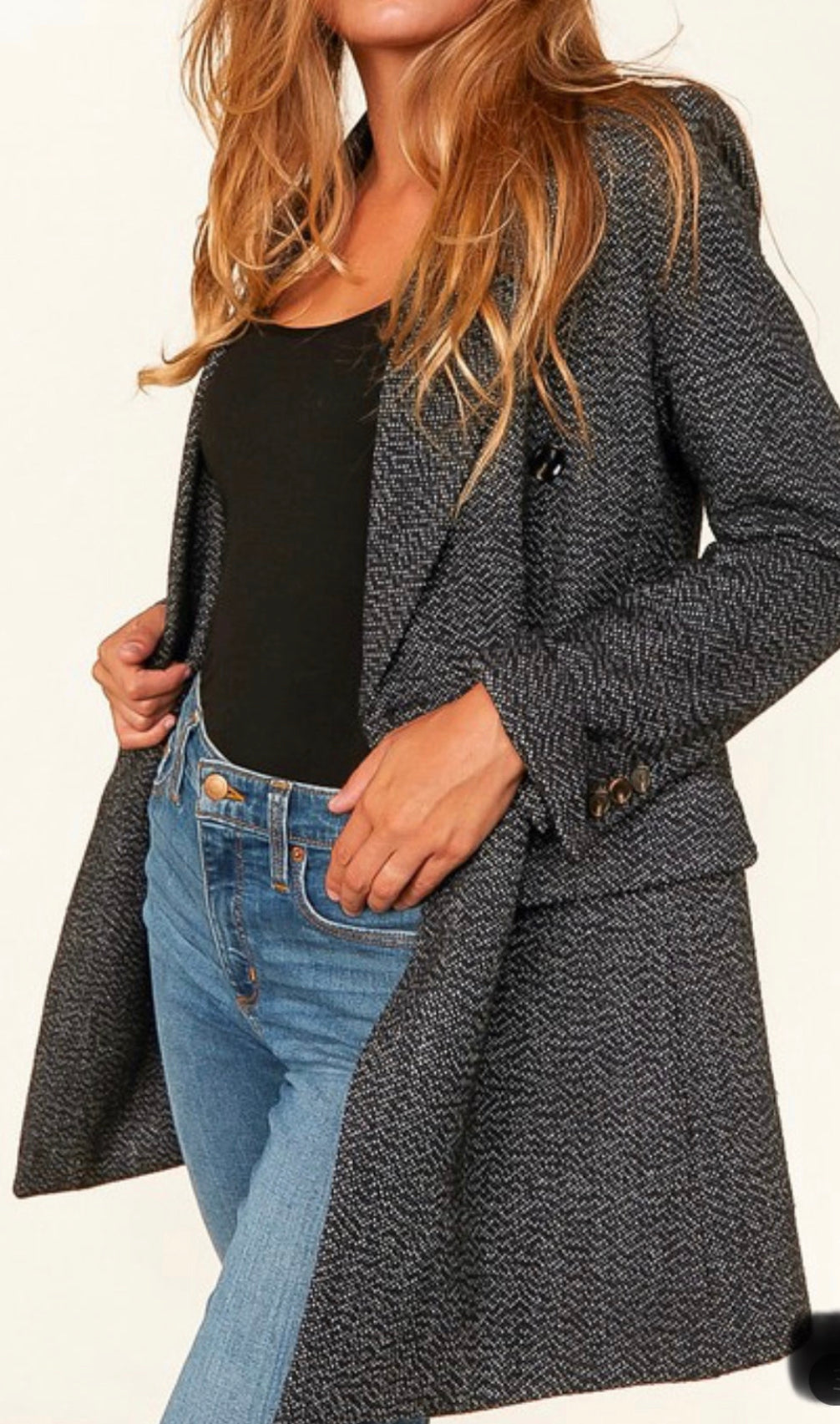 Curvy Woven Buttoned Blazer Jacket