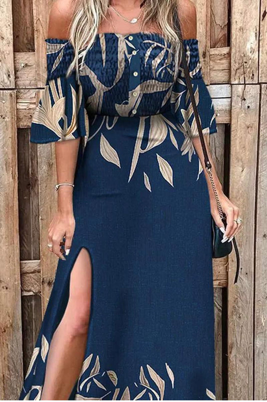 OFF SHOULDER SHIRRED LEAF PRINT HIGH SLIT DRESS