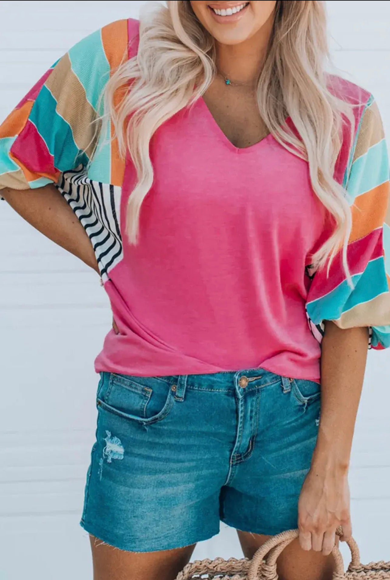 Curvy Rose Stripe Color Block Bubble Sleeve Top