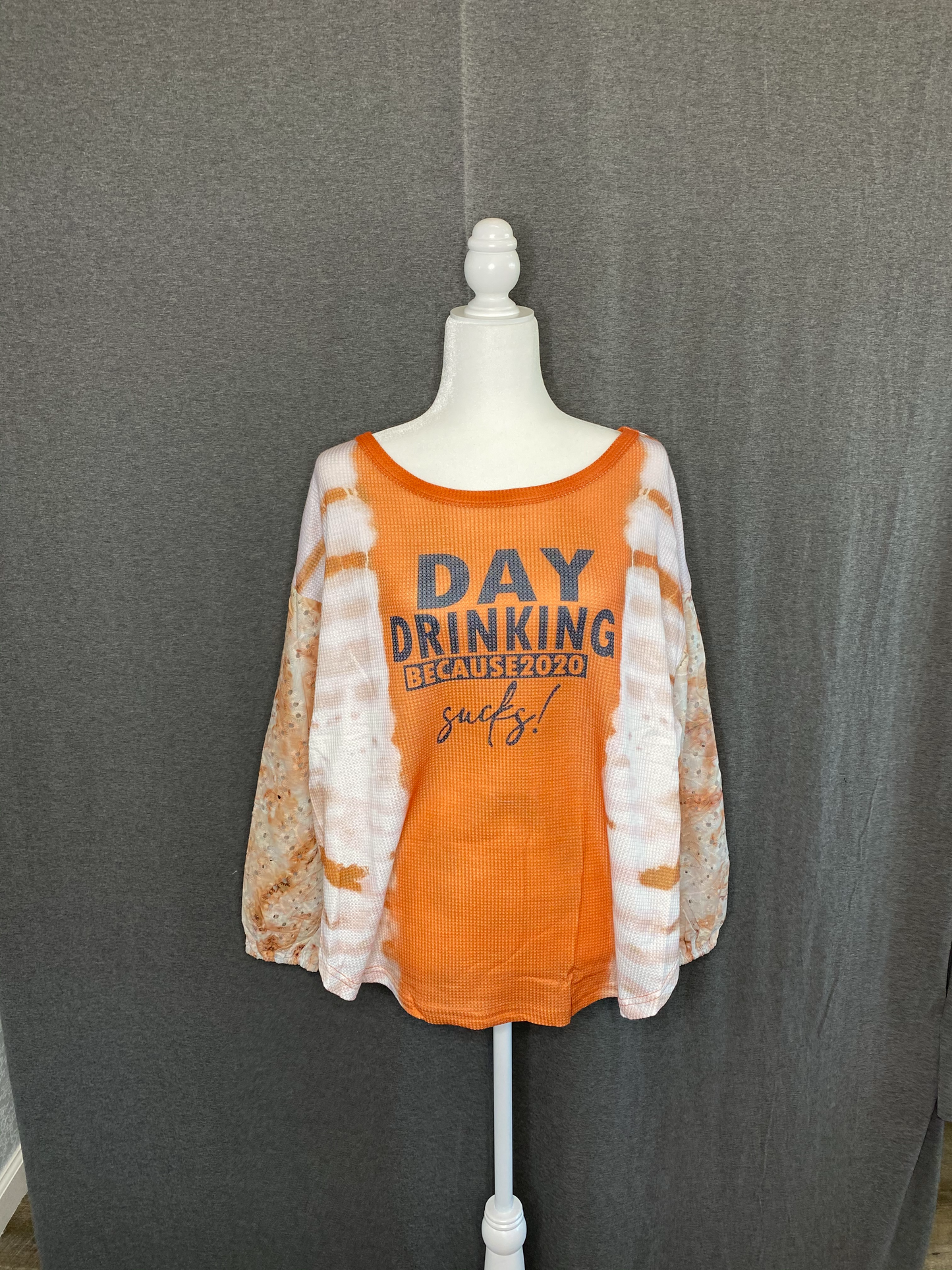 Orange Letter Print Cut-out Tie Dye Lantern Long Sleeve Top