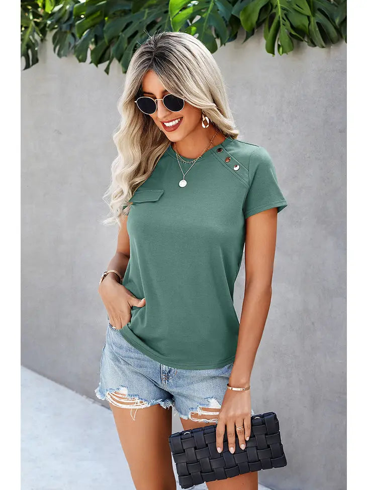 Short sleeve button detail pocket Tee