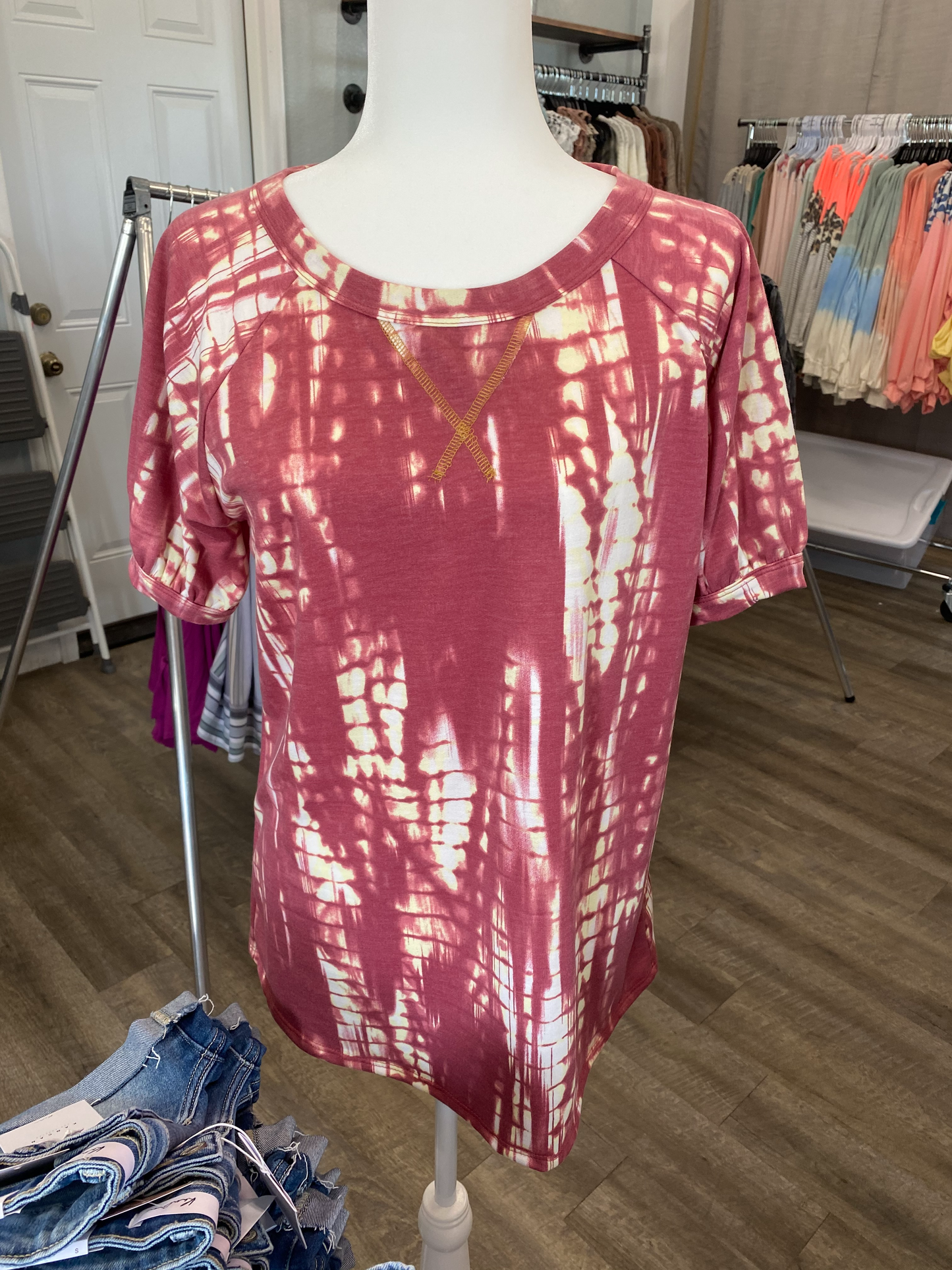 Tie Dye Printed French Terry With Puff Sleeve Top