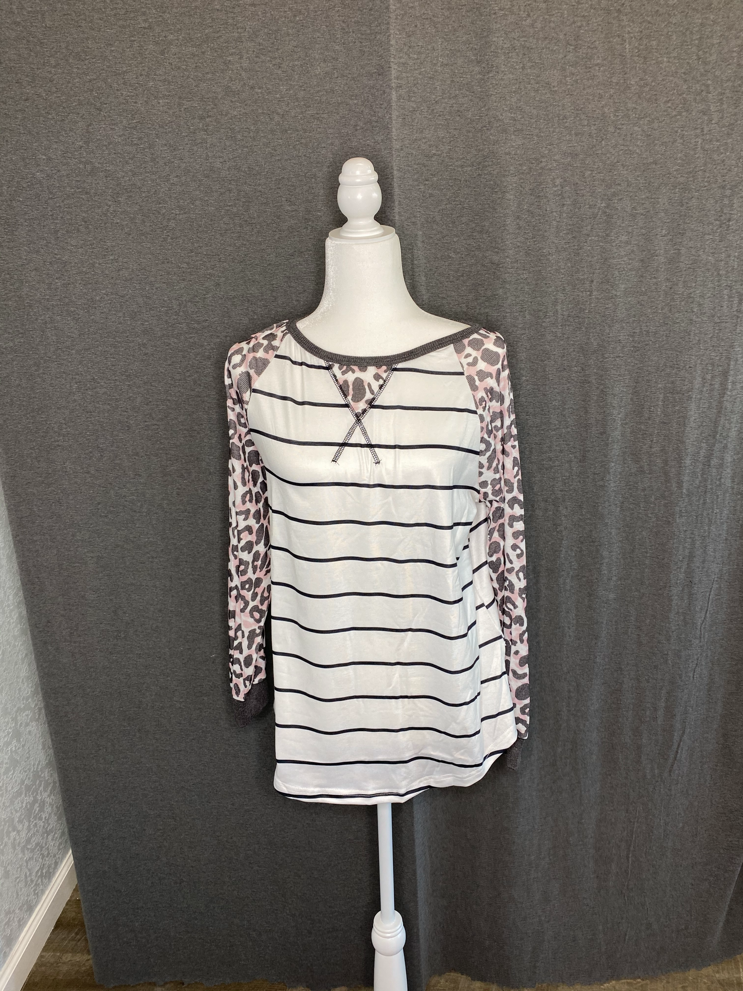 Striped Leopard Raglan Long Sleeve Top