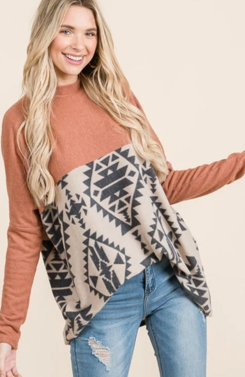 Aztec Mock Neck Knit Top