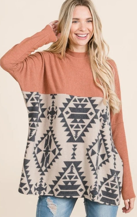 Aztec Mock Neck Knit Top