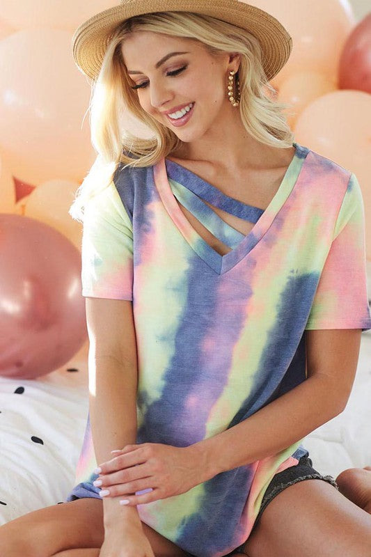 Tie Dye Terry V Neck Top With Double Strap