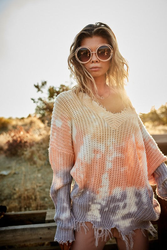 Frayed V neck Tie-Dye Sweater