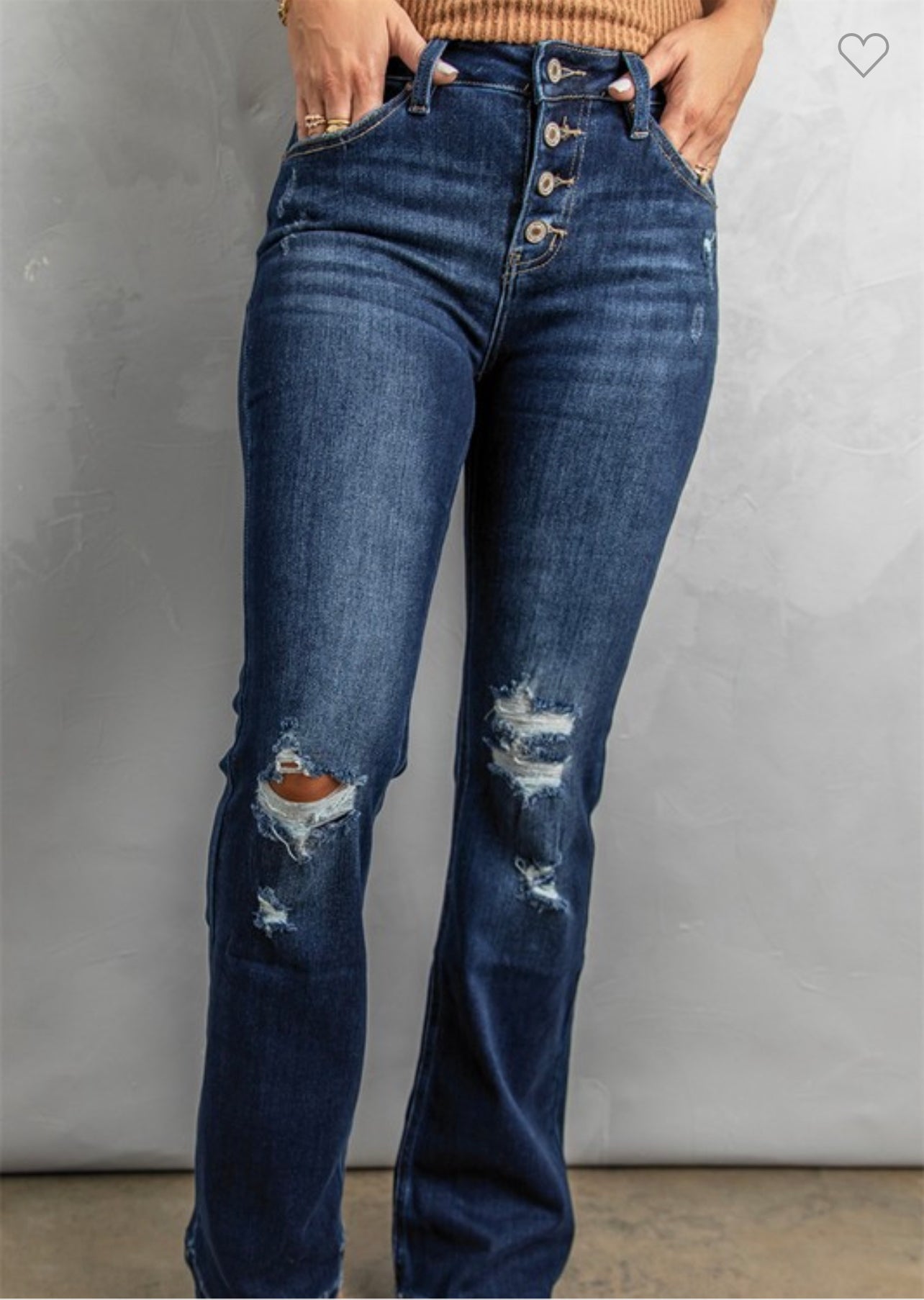 Dark Washed Distressed Flare Bottom Jeans