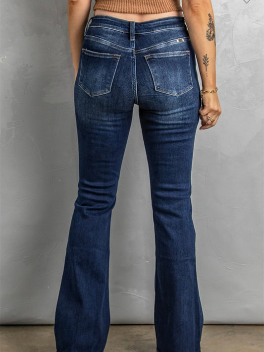 Dark Washed Distressed Flare Bottom Jeans