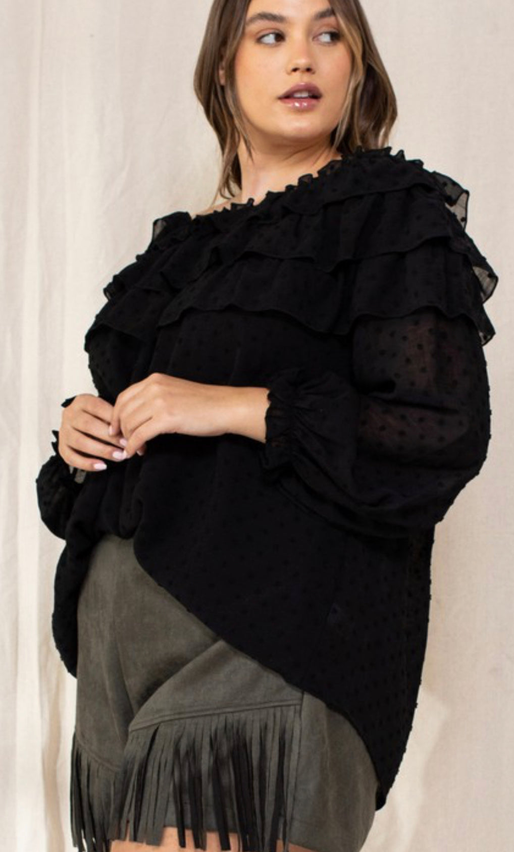 Curvy Ruffle Tiered Off Shoulder Dot Texture Bous