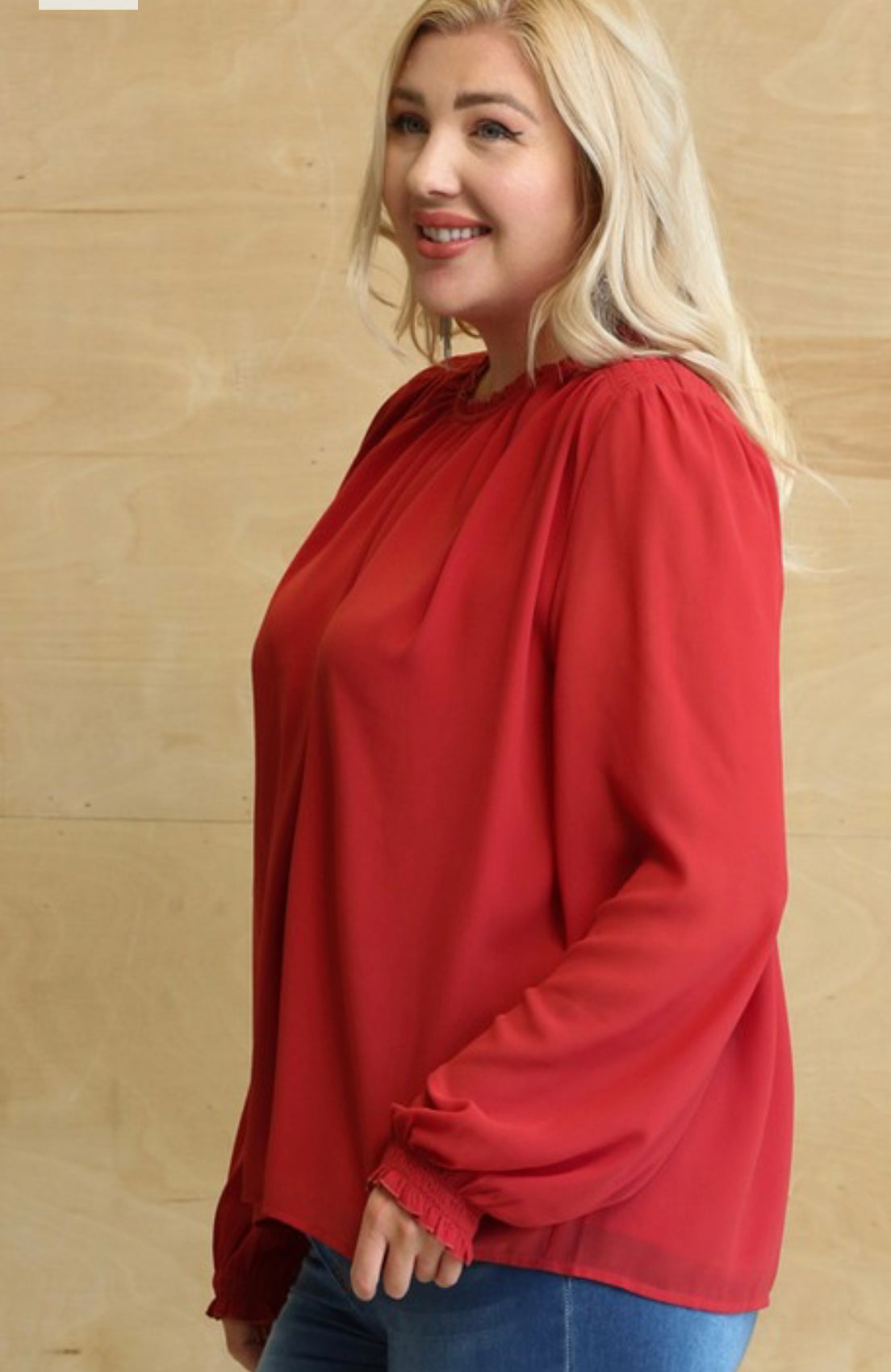 Curvy Solid Chiffon and Smocked Detail Blouse