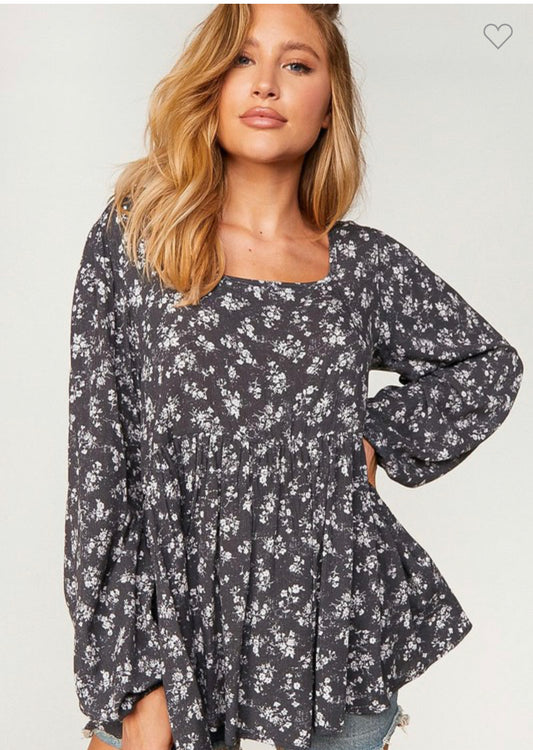 FLORAL TIE BACK BUBBLE SLEEVE TOP