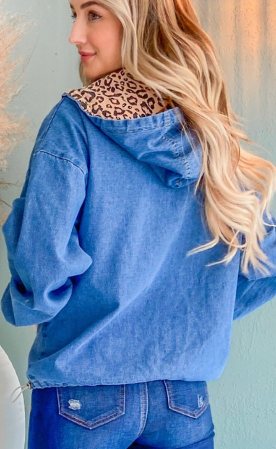 Leopard & Denim Half Zip Pocket Hoodie