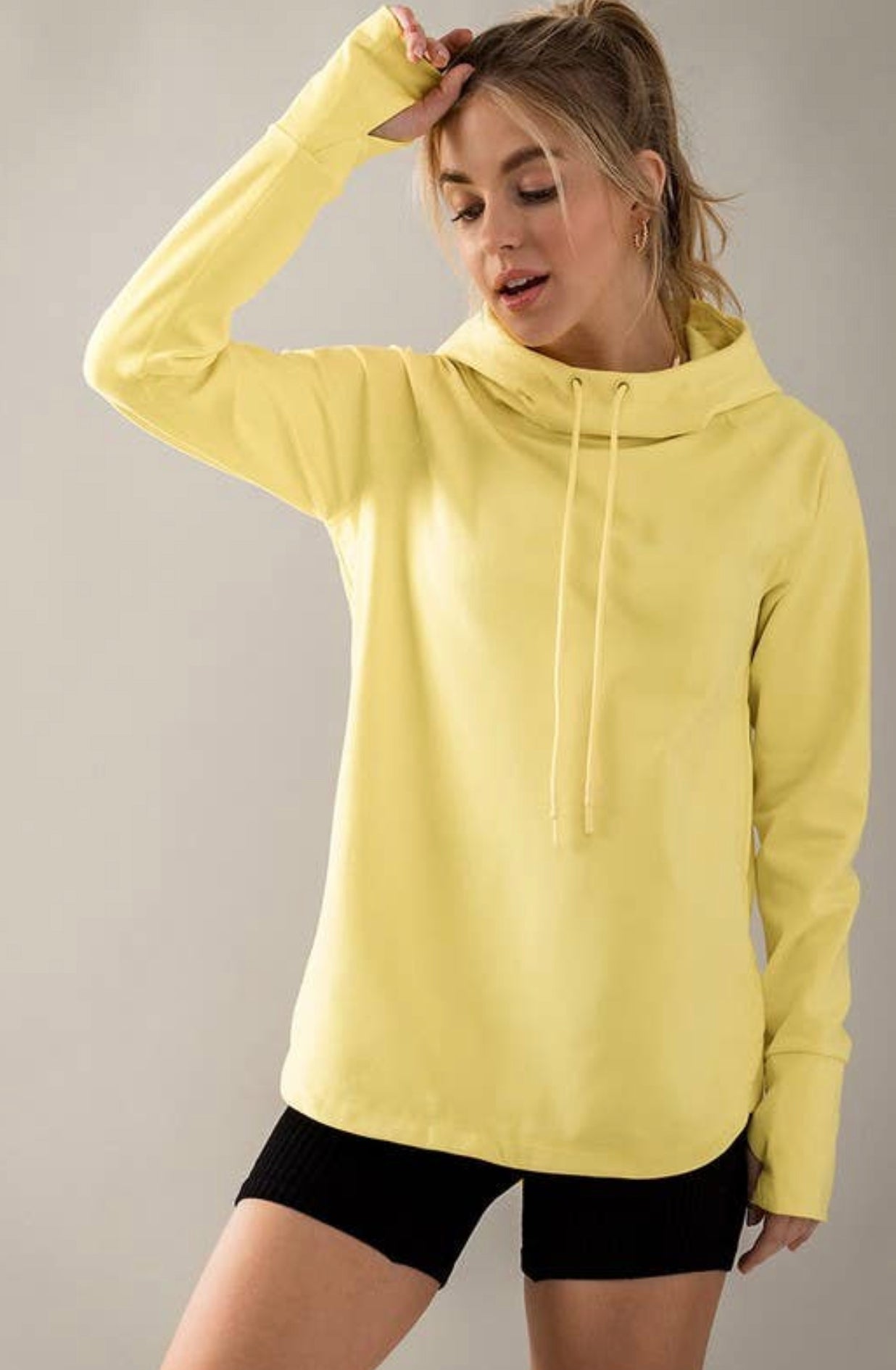 High Cowl Neck Drawstring Thumbhole Sweatshirt